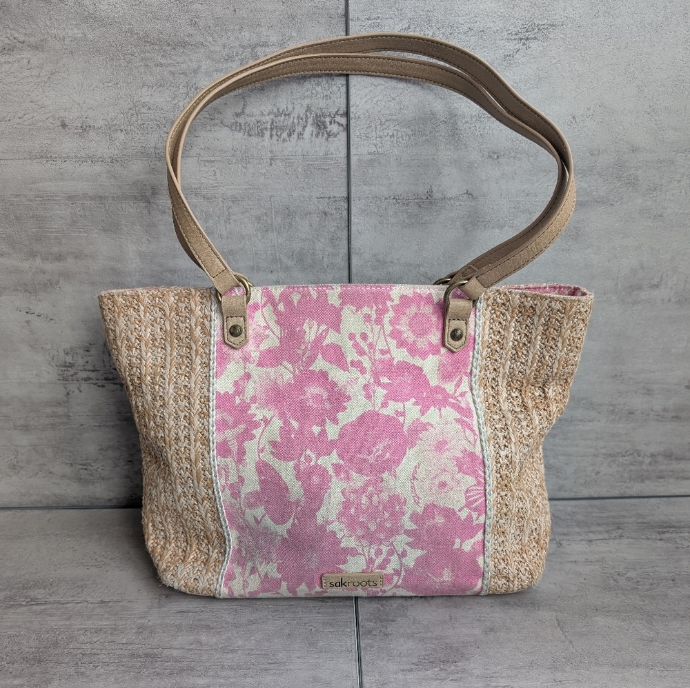 Sakroots Meadow Tote Pink And Tan Floral Straw Shoulder Bag Purse